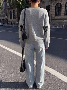 BuyK [Tops]Halloween Skull Print Crewneck Sweater Grey Long Sleeve Knit Pullover Casual Loose Top - Gray 1 - View 4