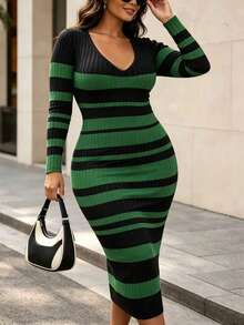 Plus Size Women's Spring Summer Autumn Slimming Ribbed Print Sleeveless Ribbed Knit Dress - Dark Green - View 1