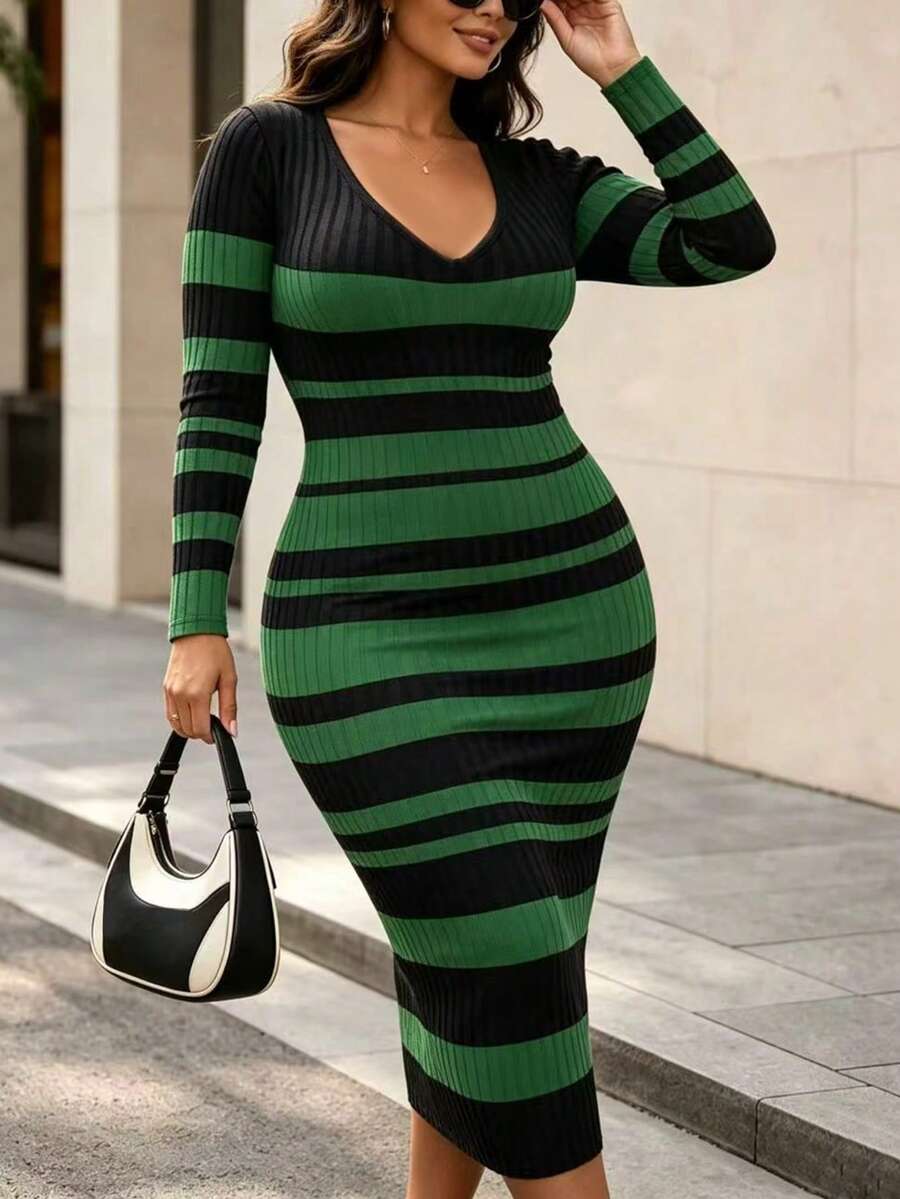 Plus Size Women's Spring Summer Autumn Slimming Ribbed Print Sleeveless Ribbed Knit Dress - Dark Green - View 1