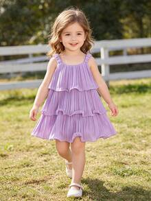Vestido de volantes sin mangas para niñas pequeñas en verano, diseño de tirantes de unicolor - Morado - Ver 3