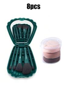8pcs/1pc Mini Shell Portable Makeup Brush Set With Mirror, Shell Makeup Brush Set Non-Absorbent Concealer Highlighter Blending Brush, Mini Portable Storage Box, Soft Fluffy Makeup Brushes Smooth Application Convenient For Touch-Ups, Portable Makeup Kit Compact And Convenient Suitable For Business Trips, Travel, Office Or Outings. - Multicolor - View 8