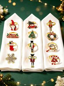 12pcs/Set Christmas Theme Napkin Rings, Christmas Series Mixed Metal Napkin Buckles Table Decor With Santa Claus, Christmas Stocking, Merry Christmas, Christmas Wreath, Candy Cane, Christmas Tree, Nutcracker, Christmas Reindeer, Snowflake, Suitable For Christmas Party Table Atmosphere Decoration - Multicolor - View 11
