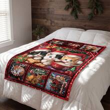 Soft & Comfortable 1pc Christmas Cat Modern Flannel Patchwork Style Nap Blanket - Seamless Christmas Tree, Deer, Snowflake, Snowman - Polyester Nap Blanket - Digital Print Craft, Suitable For Sofa, Bed, Travel, Office Home Decor - Multicolor - View 9