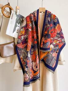 1pc Autumn/Winter New Youthful Cartoon Cat Pattern Faux Cashmere Jacquard Scarf For Women, Cute Soft Tassel Shawl, Warm Windproof Neck Warmer, Soft Skin-Friendly, Suitable For Holiday Gift Matching - Royal Blue - View 3