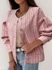 Women's Pink Plaid Long Sleeve Short Open Front Tweed Coat, Autumn/Winter Outfit Fall - Pink - View 5