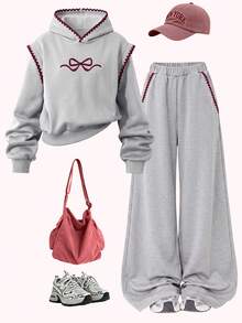 Lurzo Tween Girl Sports Set, Bow Print Tank Top With Patchwork Design, Contrast Color Shell Trim Hooded Sweatshirt And Wide Leg Pants, Sweet And Cute Style - Grey - View 1