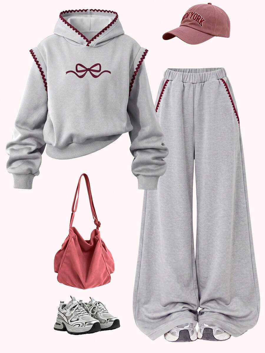 Lurzo Tween Girl Sports Set, Bow Print Tank Top With Patchwork Design, Contrast Color Shell Trim Hooded Sweatshirt And Wide Leg Pants, Sweet And Cute Style - Grey - View 1