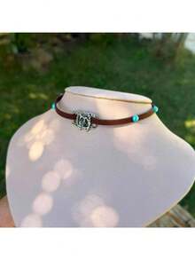 Colares Chokers Femininas Moda Country Com Turquesa Varios Modelos Moda Cowgirl - cavalo passante/turquesa marom - Visão 1