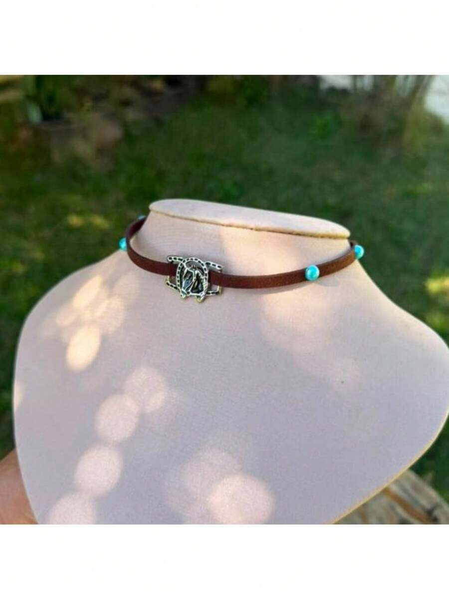 Colares Chokers Femininas Moda Country Com Turquesa Varios Modelos Moda Cowgirl - cavalo passante/turquesa marom - Visão 1