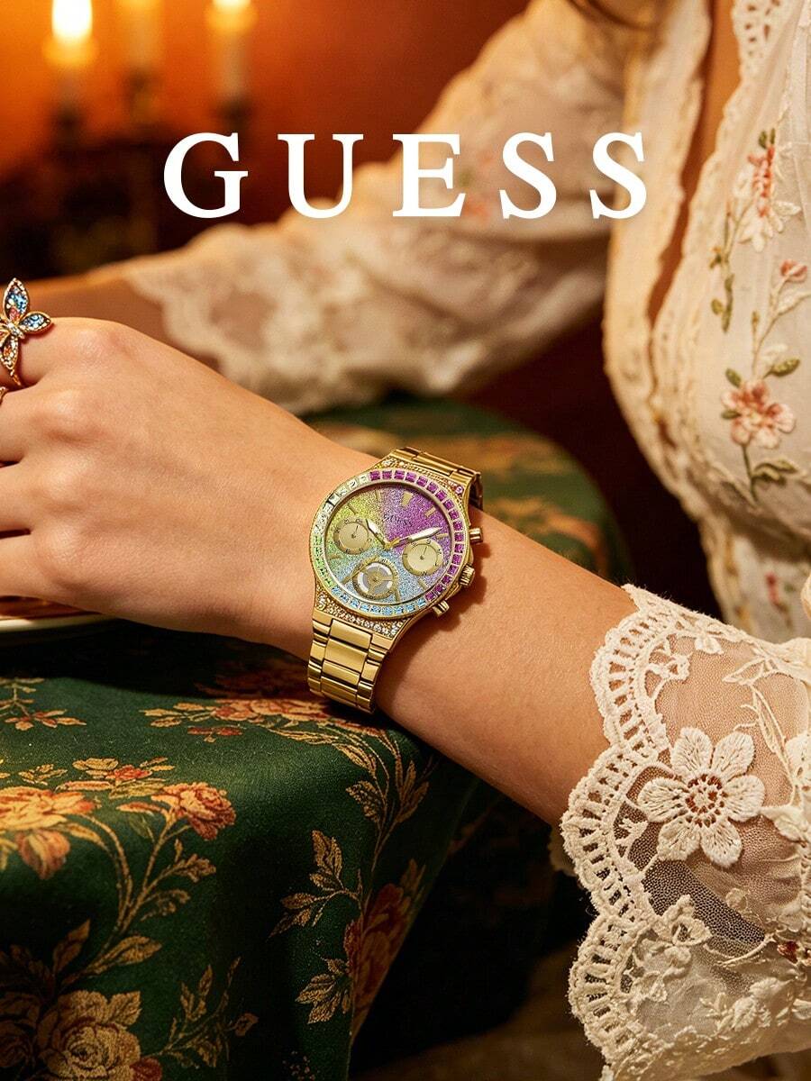 GUESS 女款奢華石英腕錶，彩色亮片彩虹錶盤、水鑽錶圈與金色鋼帶時尚手錶 - 均碼 - 查看 1