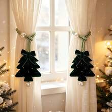 1pc Velvet Bowknot Rhinestone Christmas Tree Curtain Tieback, Tulle Curtain Holder, Suitable For Curtain Fixing, Tree-Shaped Snowflake Decorative Curtain Tieback, Easy Storage, Holiday Atmosphere Decoration, Christmas Gift - Multicolor - View 1