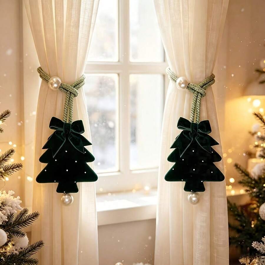 1pc Velvet Bowknot Rhinestone Christmas Tree Curtain Tieback, Tulle Curtain Holder, Suitable For Curtain Fixing, Tree-Shaped Snowflake Decorative Curtain Tieback, Easy Storage, Holiday Atmosphere Decoration, Christmas Gift - Multicolor - View 1