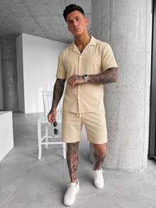 YUNCHIC Men's Vertical Ribbed Texture 2 Pieces Set, Cuban Collar Short Sleeve Button-Up Shirt And Drawstring Shorts Outfit, Summer Casual Vacation Sportswear - Khaki - View 3