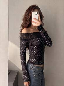 Women's Autumn Casual Minimalist Elegant Sexy Hot Girl Black Polka Dot Square Neck Long Sleeve All-Match Versatile Top For Going Out, Home, Streetwear, Casual Daily Wear - Black - View 4