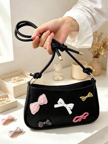 Tas bahu dan tas jinjing kulit imitasi timbul dengan desain pita retro, dilengkapi pegangan atas; cocok untuk penggunaan sehari-hari. - MultiWarna - View 4