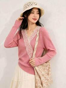 Women's Pink Knit Pullover, Elegant Contrast Lace V-Neck, Long Sleeve Regular Fit Sweater Fall - Pink - View 3