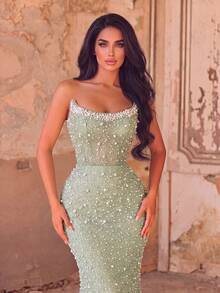 Glamorous Strapless Beaded Sequin Mermaid Evening Gown, Densely Decorated Neckline, Form-Fitting Silhouette With Fishtail Hem Fall Wedding Party - Mint Green - View 4