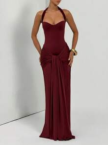 Halter Heart Neckline Ruched Tie Front Slim Fit Bodycon Maxi Dress, Elegant Slim Fit Long Dress, Suitable For Wedding Guest, Cocktail Party, Formal Dinner, Date Night, Autumn - Burgundy - View 7