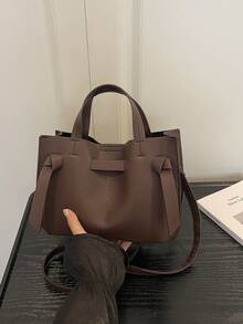 Solid Color Minimalist Lychee Textured Handbag, Crossbody Bag With Strap, Buckle Bucket Bag - Coffee - View 6