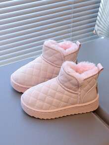 1 Pair Kids Quilted Thermal Lined Snow Boots With Thick Lamb Wool Lining, Non-Slip, Warm Ankle Boots For Boys And Girls In Winter - Pink - View 3