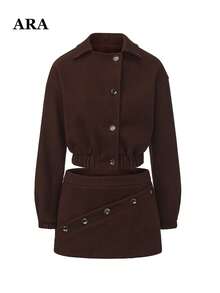 Set 2 Potong Wanita ARA Warna Cokelat, Jaket Pendek Kerah Lapel dengan Kancing dan Rok Mini Kancing Asimetris, Cocok untuk Pakaian Hari Thanksgiving, Malam Natal, dan Pesta Jalanan - Coklat - View 7