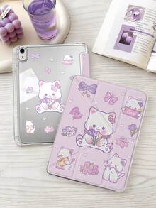 1件紫色貓咪鬱金香平板電腦保護殼，相容 iPad Mini6/7/Air/Air2/9.7/10.2/10.5/10.9 (Air4-Air8)/Pro 11/10th Gen/A16/Pro 11 2024 機型，雙面彩繪圖案，透明壓克力背殼，絲綢質感 8 折疊支架，自動休眠/喚醒，內置筆槽，不含筆，部分機型附相機框 - 彩色 - 查看 1