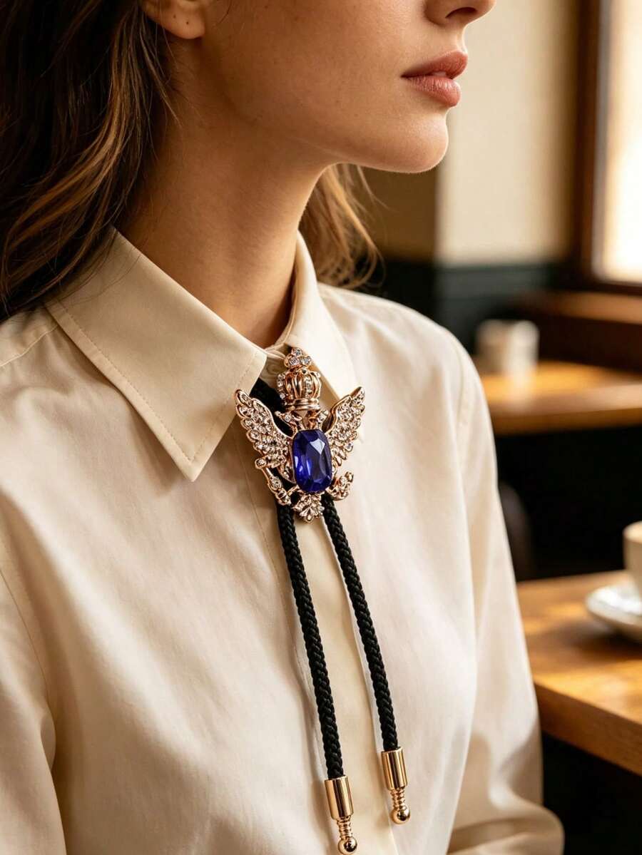 1Pc American-Style Crown Wings Bollo Tie, Denim Woven Bollo Tie, Lady's Shirt Collar String For Formal Evening Dress Accessories, Gift For A Friend - Multicolor - View 1