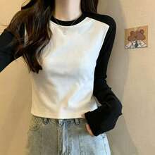 Women's Fashion Retro Colorblock Raglan Long Sleeve T-Shirt, Layering Base Layer, Autumn Basic Sporty Casual Undershirt, Elegant Top - Black and White - View 1