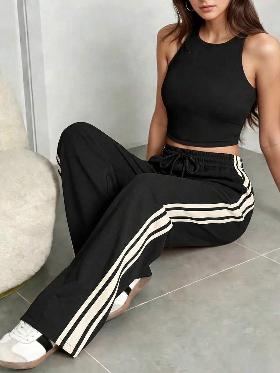 Women's Loose Straight Leg Casual Sports Pants, Striped Color Block Drawstring Elastic Waist Black, Spring/Autumn - Black - View 1