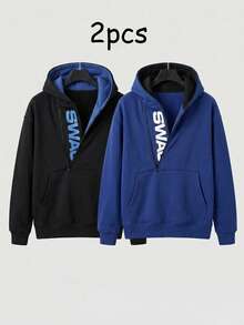 2 st diagonal dragkedja bokstavstryck huva sweatshirt, halvöppen framsida med unik diagonal dragkedjedesign, framsideficka i kängurustil, svart foder huva kant med ribbade muddar, lämplig för daglig pendling, gatustil, sport. Vår/höst herr casual pullover hoodie - Multifärgad - Visa 4