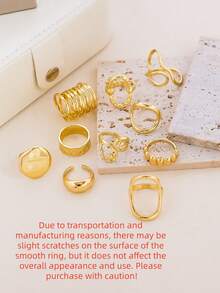 Juego de 10 anillos para dedo minimalistas exagerados de geometría irregular para mujer, lisos, sencillos y gruesos, accesorios de joyería asimétrica - Amarillo Oro - Ver 2