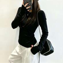 Black Regular Shoulder Round Neck Long Sleeve T-Shirt Women's Autumn Innerwear Outerwear Base Layer Slim Fit Basic Style Fashion Commute Outfit Top - Black - View 3