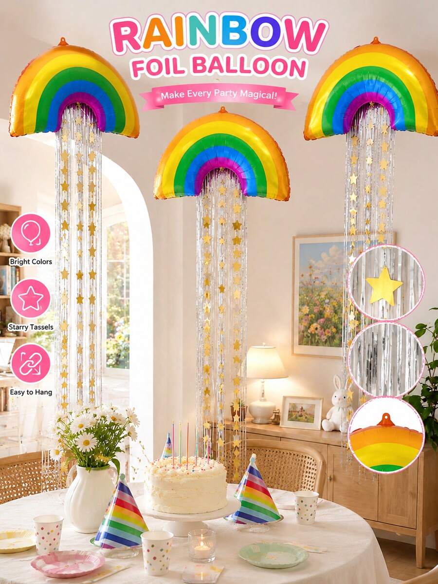 5pcs Rainbow Balloon & Tinsel Curtain Set, Suitable For Birthday, Rainbow Theme Party, Anniversary, Party Decoration Supplies