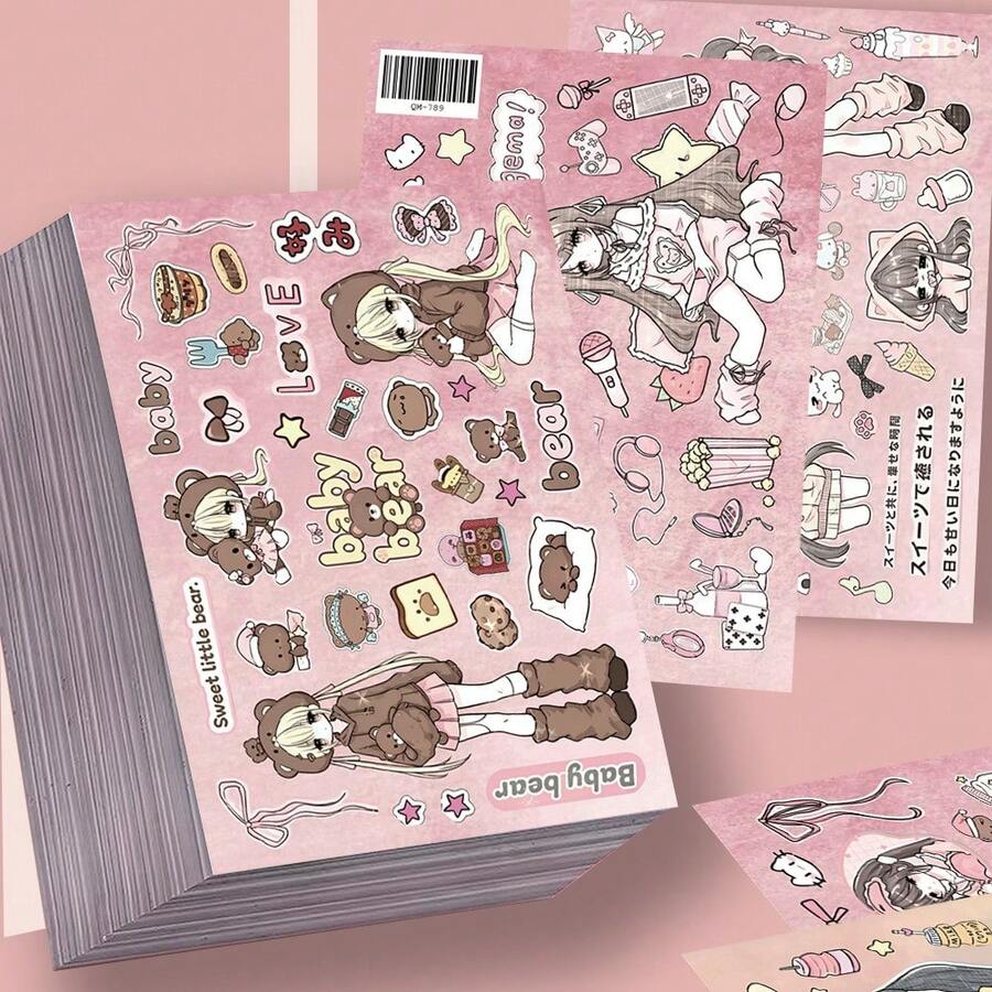 8pcs Pink Mist Girl Diary Cut-Out Stickers, Japanese Retro Cute Packaging Material, Waterproof Decorative Stickers - Multicolor - View 1