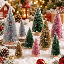 5pcs Set Snow Flocked Bottle Brush Christmas Tree, Multicolor Mini Pine Trees With Decorative Balls, Wooden Base, Desktop Winter Village Christmas Home Decor - Multicolor - View 4