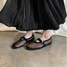 Sepatu Mary Jane Datar Jala Berongga untuk Wanita, Bernapas, Tidak Pengap, Gaya Musim Panas Terbaru, Dihiasi Rhinestone, Sepatu Balet dengan Satu Tali, Sandal Tertutup, Sepatu Jala - Hitam - View 3