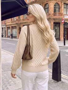 Nicenter Women's Fall-Winter Beige Casual Cable Knit Crew Neck Half Button Long Sleeve Loose Pullover Sweaters Tops Daily Fall Outfit - Apricot - View 2