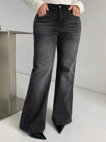 Plus Size Straight Leg Wide Leg Women's Jeans Solid Color Denim Washed Denim Wide Leg Straight Leg Jeans Daily All Season - Black - View 3