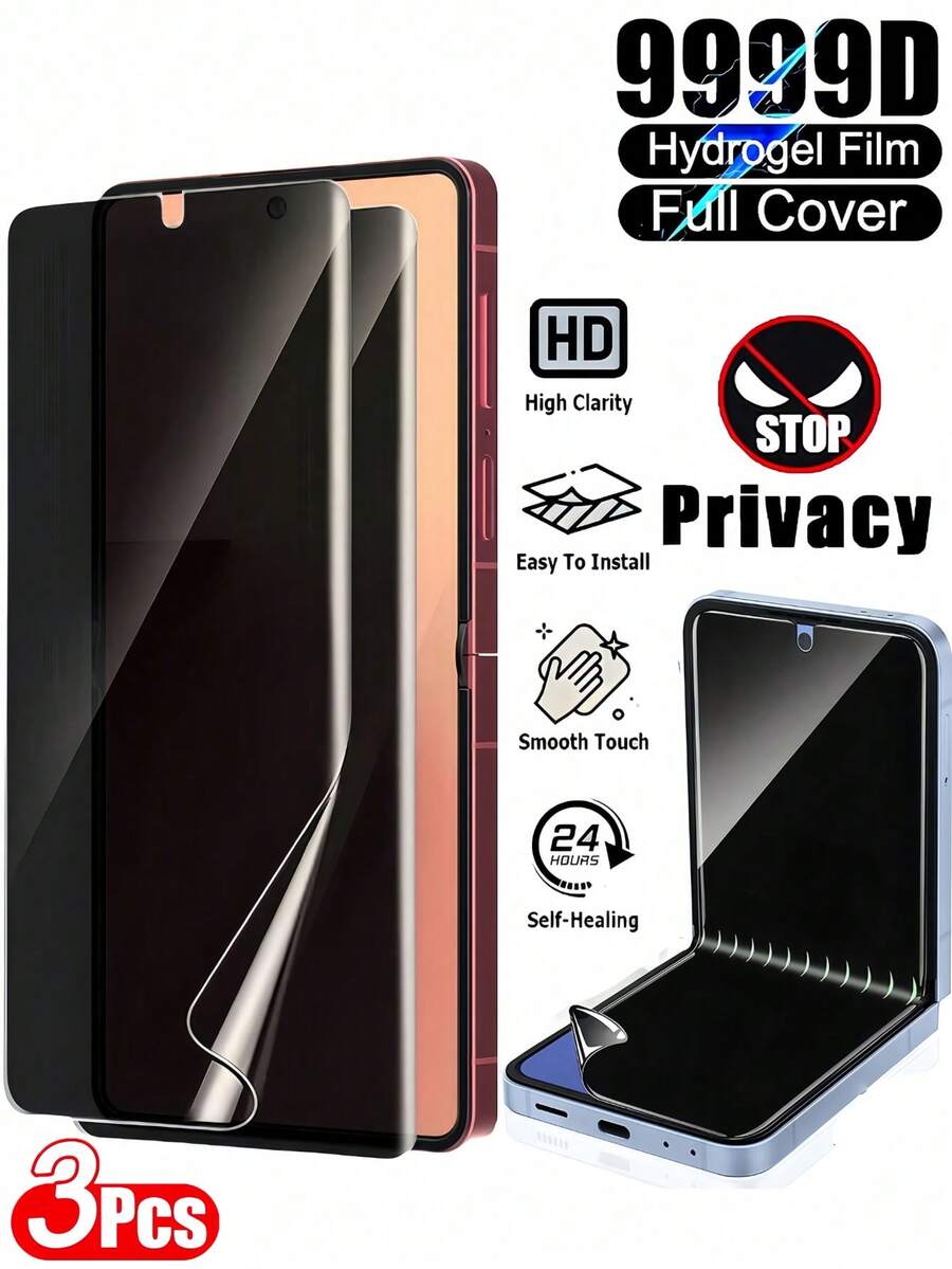 3pcs Privacy Anti-Peeping Hydrogel Film, Compatible With Samsung Galaxy Z Flip 7 Z Flip6 Z Flip5 Z Flip4 Z Flip3, Soft Screen Protector, Ultra Clear Front Display, Side Privacy Protection, Smooth Touch, Anti-Scratch, Anti-Dust, Waterproof, Anti-Fingerprint, Durable