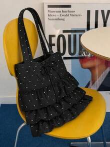 Tas Tote Polkadot, Tas Bahu Kapasitas Besar yang Lucu, Tas Wanita dengan Hiasan Ruffle, Tas Wanita dengan Tali Serut dan Pita, Tas Gaya Preppy, Cocok untuk Pekerja Kantoran dan Pelajar yang Berpergian - Hitam - View 2