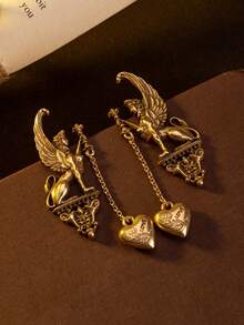 1 Pair Vintage Heart-Shaped Mythical Beast Earrings, 2 Color Options, Suitable For Daily Wear, Gifts Or Party Accessories - Dark Gold - View 3