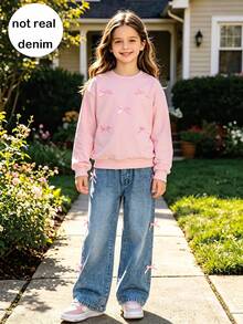 Girls' Casual Fashion Solid Color Bow Ribbon Design Round Neck Drop Shoulder Long Sleeve Top And Straight Leg Pants 2-Piece Set, Spring/Autumn - Pink - View 1