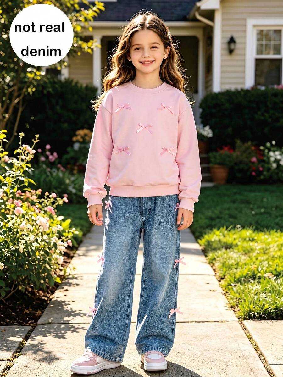 Girls' Casual Fashion Solid Color Bow Ribbon Design Round Neck Drop Shoulder Long Sleeve Top And Straight Leg Pants 2-Piece Set, Spring/Autumn - Pink - View 1