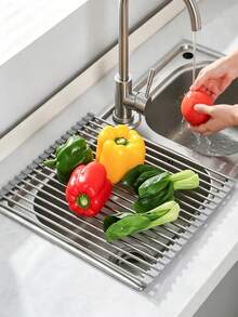 1Pc/2Pcs Foldable Metal Sink Drying Rack, Silicone Wrapped Edges To Prevent Scratches, Retractable Storage Draining Basket For Dishes, Fruits And Vegetables, Easy Installation, Suitable For Draining And Storage Above Kitchen Sink. - Random Color - View 3