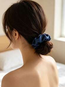 10pcs Women's Solid Color Casual Polyester Satin Hair Scrunchies - Navy Blue - View 3