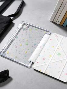 1pc Colorful Star Pattern Tablet Case Compatible With IPad Mini6/7/Air/Air2/9.7/10.2/10.5/10.9 (Air4-Air8)/Pro 11/10th Gen/A16/Pro 11 2024, Double-Sided Painted Design, Transparent Acrylic Back Shell, Silk Texture 8-Fold Stand, Auto Sleep/Wake, Built-In Pencil Slot, Pencil Not Included, Some Models With Camera Frame - Multicolor - View 5