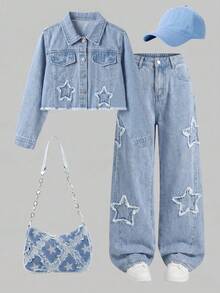 2pcs/Set Spring/Autumn Girls Denim Outfit, Frayed Hem Star Short Lapel Denim Top With Star Patch Wide Leg Denim Pants - Light Wash - View 1