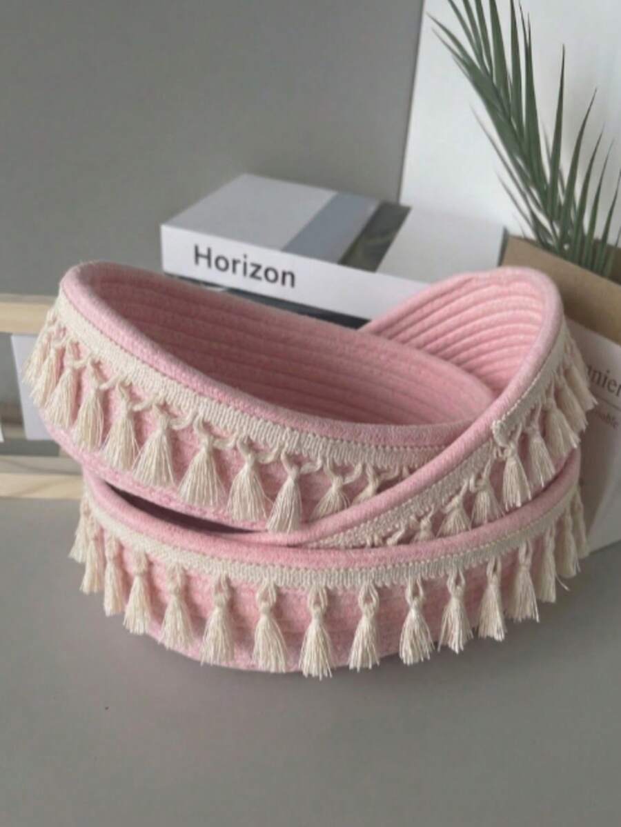 1pc Bohemian Style Tassel Woven Basket, Living Room Desktop Storage Basket, Multi-Functional Oval Storage Basket, 3 Sizes Available, Suitable For Living Room, Bedroom, Desk And Bedside, Perfect For Desktop Storage - Pink - View 1