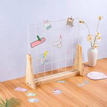 1psc Grid Display Rack, Portable Desktop & Wall‑Mounted Metal Grid Board With Wooden Base, For Art Prints, Photos, Handicrafts And Room Decor, Clips Not Included - One Size - View 3