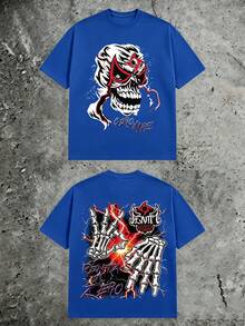 180g Pure Cotton Short Sleeve Graphic Tee, Luchador Mask Skull, Double‑Sided Skeleton Hand Lightning Grunge Streetwear For Men - 藍色1 - 查看 9